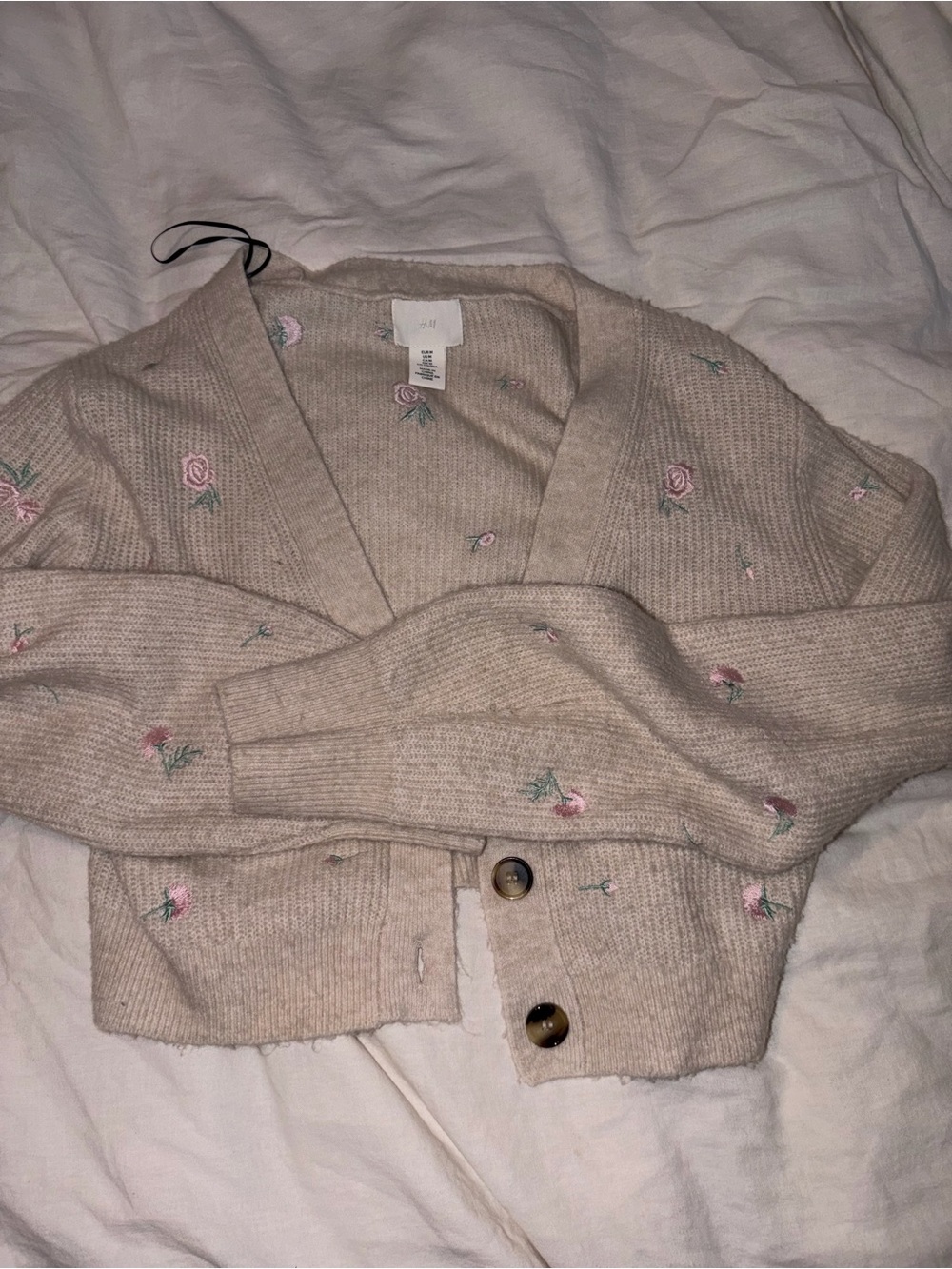 Beige Cropped Cardigan with Pink Rose Embroidery